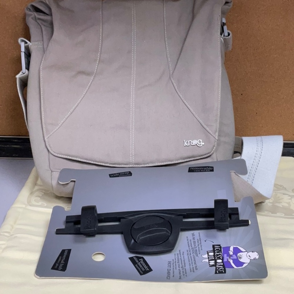 Knog Beige Canvas Messenger Bag w attachment.